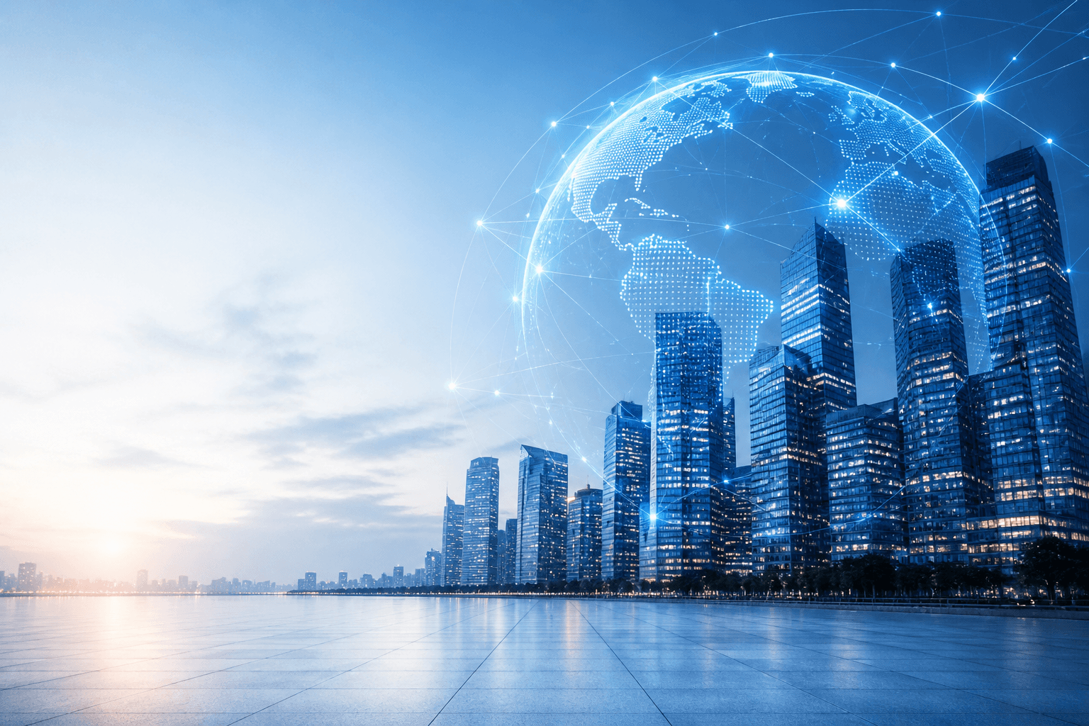 City skyline with a digital globe overlay